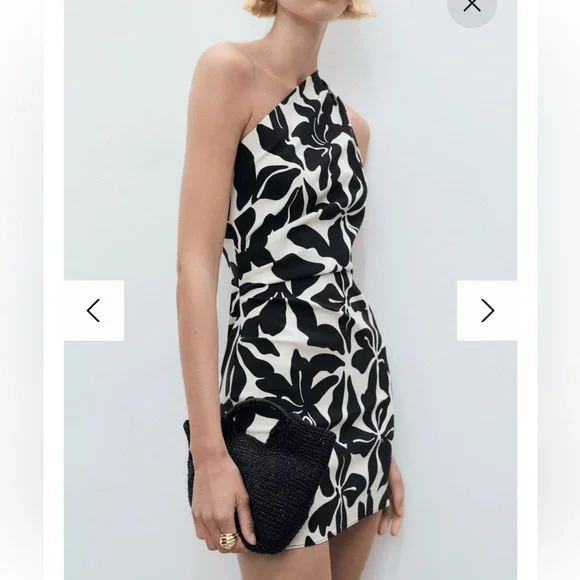 Mango Knot Floral One Shoulder Mini Dress in Black & White - Picture 2 of 7